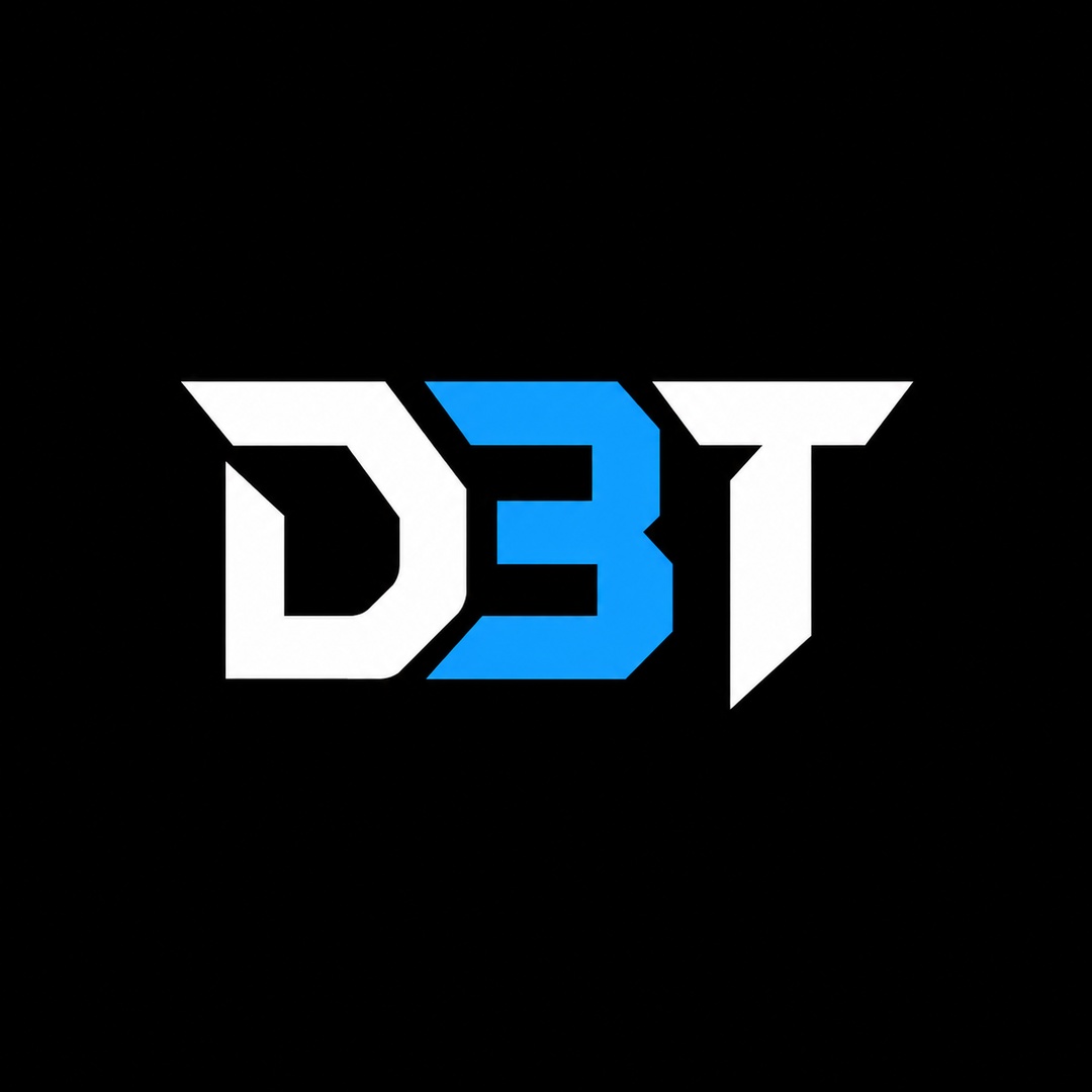 Logo D3T trắng và xanh trên nền đen